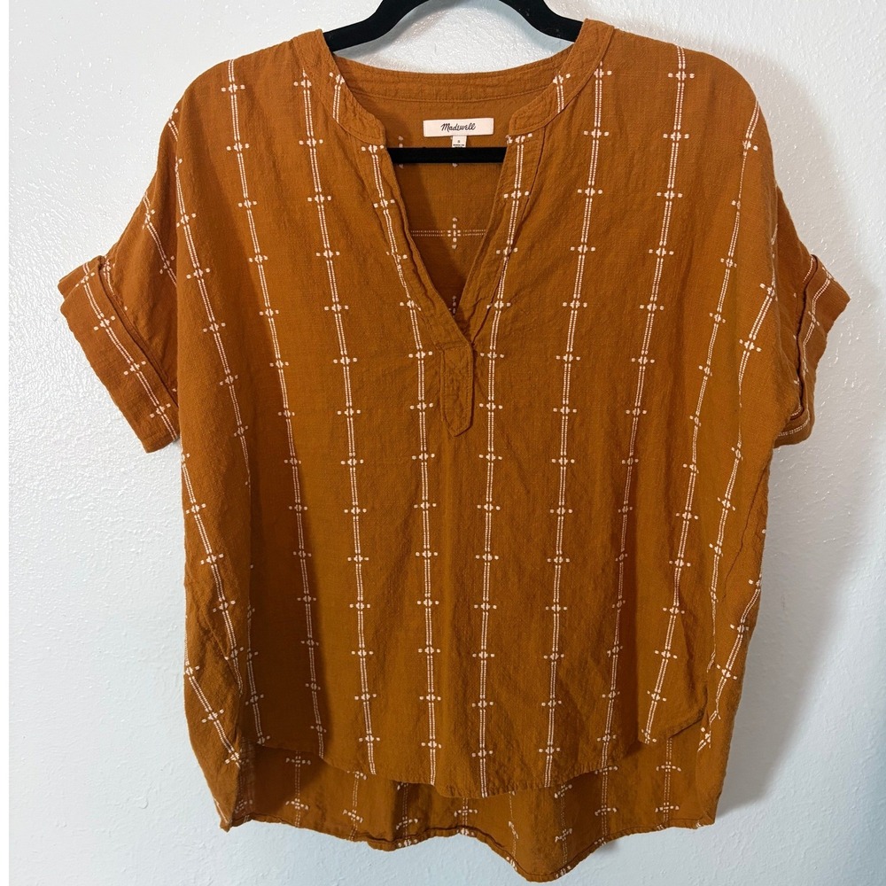 Madewell Rust Embroidered Cotton Gauze Split Neck Peplum Top S Boxy Boho Fall
